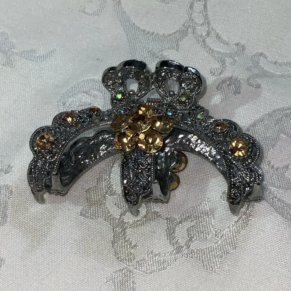Silver Ornate Golden Yellow Bejeweled Heavy Spring Sparkly 3” Hair Clip